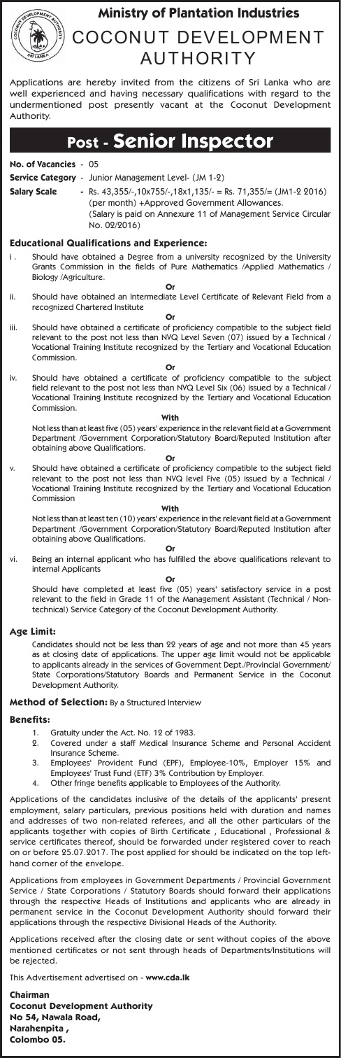 Senior Inspector - Coconut Development Authority